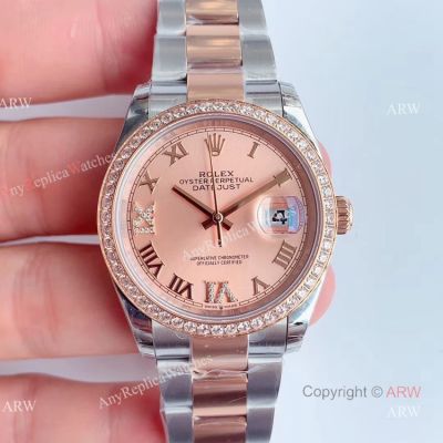 Swiss Copy Rolex Datejust Rose Gold Dial Diamond Watch 36mm 